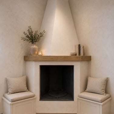 Camino angolare con mensola in legno naturale e sedute integrate in stile minimalista