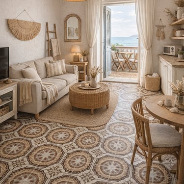 Zona giorno stile mediterraneo con pavimento in cementine decorate, divano beige, tavolino e lampada in rattan e vista mare