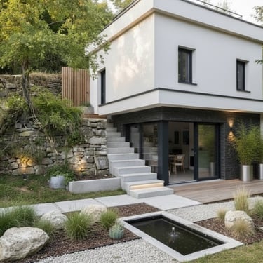 Casa contemporanea su due livelli con giardino, terrazza e inserimento armonioso nel paesaggio
