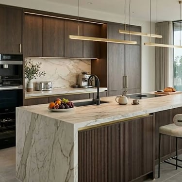 Cucina moderna in legno scuro con isola rivestita in marmo bianco e sgabelli alti in bouclé