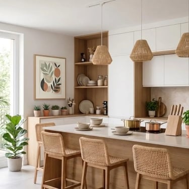 Cucina luminosa con isola centrale, dettagli in legno naturale e sedute in rattan