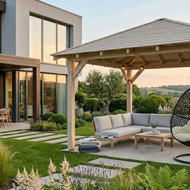 Arredo giardino moderno di villa, con gazebo in legno, divano angolare, poltrona a uovo sospesa e zona pranzo esterna 