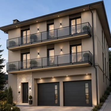 Facciata casa moderna color tortora con balconi in vetro, porte garage nere opache, inserti in pietra e illuminazione calda