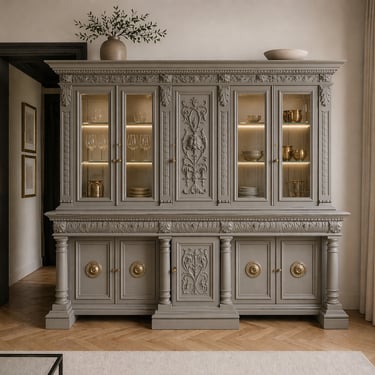 Credenza classica intagliata con vetrine illuminate e finitura nei toni del grigio