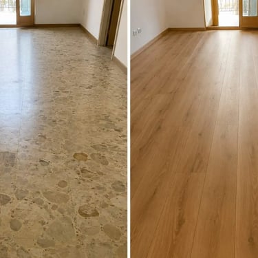 Prima e dopo ristrutturazione pavimento: vecchio pavimento in graniglia sostituito con parquet in legno chiaro effetto rovere