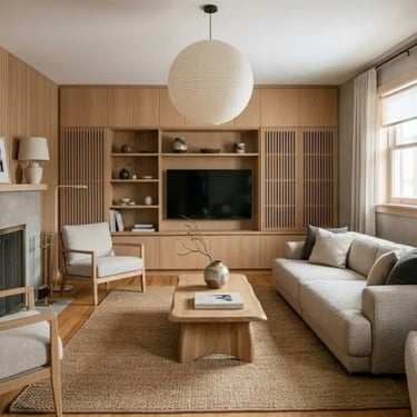 Soggiorno anni 70 rinnovato e reso contemporaneo ed elegante con legno chiaro e tessuti greige