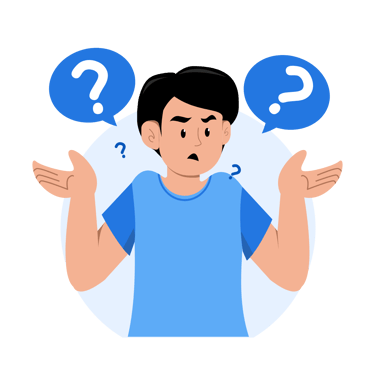 Confused man shrugging with question mark speech bubbles, representing doubt and uncertainty.