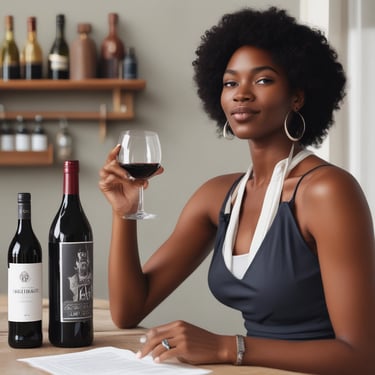 A woman inspecting wine bottles in a cozy wine cellar.
