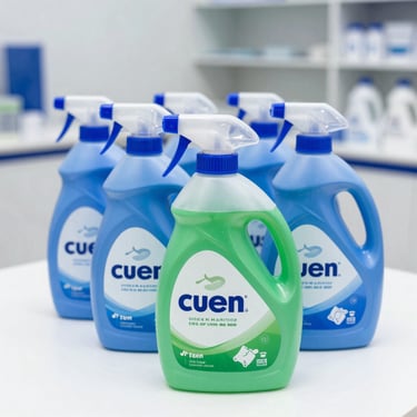 Botellas de detergente y atomizadores de limpieza profesional ordenados sobre una superficie blanca, iluminación clara de estudio.