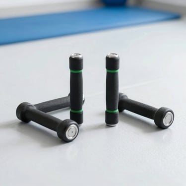 Mancuernas de entrenamiento y accesorios deportivos organizados de forma simétrica sobre un piso limpio, luz de día.