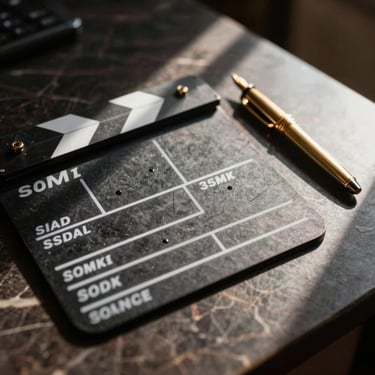 Macro shot of a high-end production slate resting on a dark marble desk next to a gold fountain pen, warm direct sunlight casting sharp geometric shadows, 35mm.