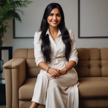 Photo of a confident woman standing in a modern office interior.