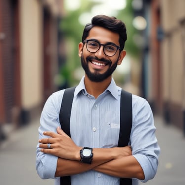 Photo of a confident woman standing in a modern office interior.
