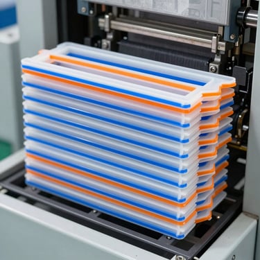 Stacked raw plastic wiper frames fresh from an injection molding machine in a clean modern factory, orange and blue highlights