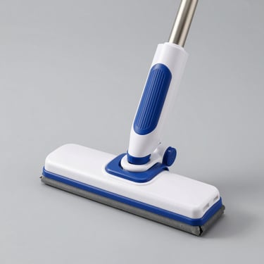 A sleek modern household floor wiper with a clean white and blue plastic body, displayed on a neutral gray backdrop, studio lighting