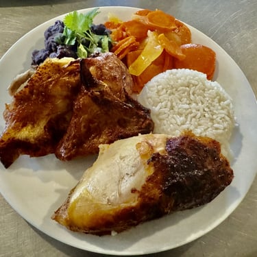 Las Brasas Costa Rican restaurant Roast Chicken dinner with rice and beans