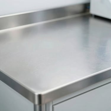 Close-up of a pristine stainless steel laboratory worktable surface, satin finish, sterile clinical lighting
