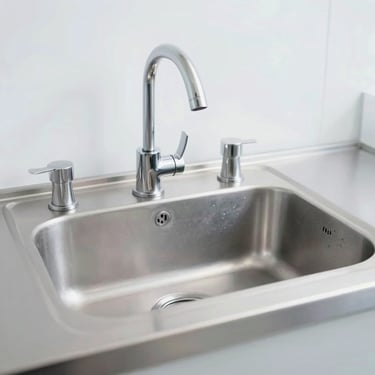 Stainless steel clinical sink with high-grade utility fixtures, pristine cleanroom environment