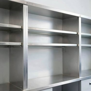 Stainless steel laboratory cabinets and shelving units, clean technical alignment