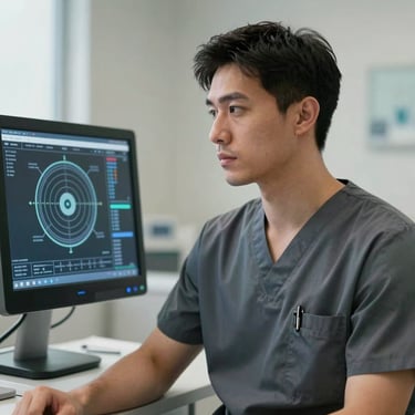 Unposed professional portrait of a male dentist in slate gray scrubs, looking thoughtfully toward a digital diagnostic screen, soft natural light