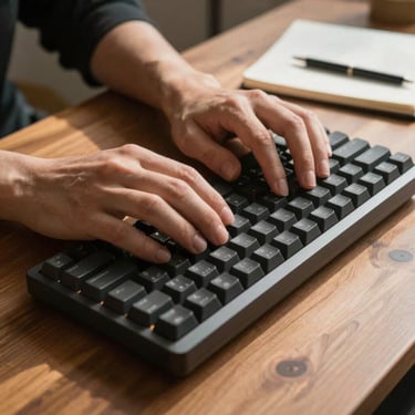 Close-up of hands typing code on a mechanical keyboard, warm afternoon light casting soft shadows across a wooden desk with a notebook.
