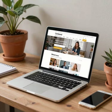 A cozy workspace with a laptop displaying a clean online learning interface, surrounded by terracotta plant pots and natural indoor clutter.