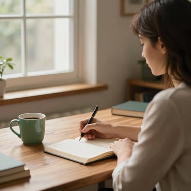 Over-the-shoulder shot of a female teacher in a cozy home office with warm window light, a green ceramic coffee mug on a wooden desk, writing notes in a physical journal.