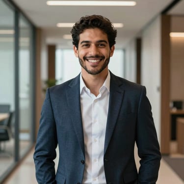 Portrait of a confident Brazilian business executive in professional attire, smiling in a modern office hallway.