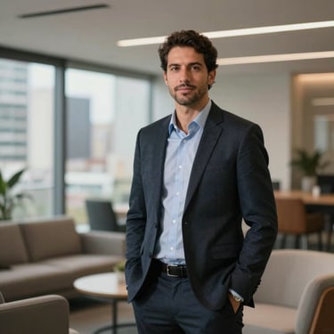 A professional man standing in a modern lounge area of a fintech company in Brazil, blurred city background.