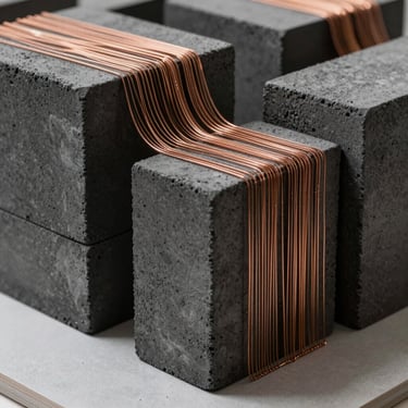 An architectural scale model constructed from dark charcoal concrete blocks and delicate draped copper mesh.