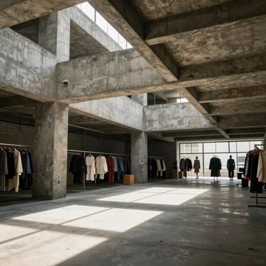 A brutalist concrete fashion atelier interior in São Paulo, featuring high ceilings and dramatic shadows