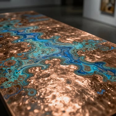 Close-up of highly textured, oxidized copper sheets showing rich blue-green and brown patterns in a dark gallery setting.