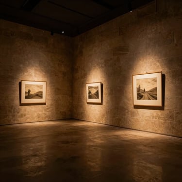 A dark gallery room featuring a dramatic light installation casting warm amber glows on stone walls