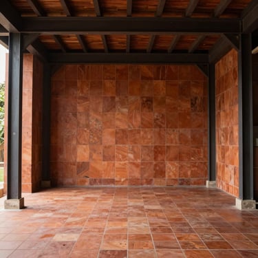 An interior pavilion constructed from rich terracotta tiles and exposed dark steel beams