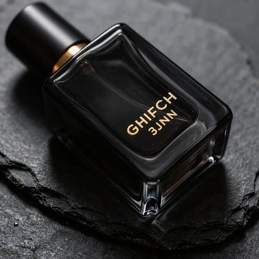 Macro close-up of a premium black glass perfume bottle with debossed gold typography, resting on a charcoal stone slab under soft, dramatic side-lighting, deep shadows.