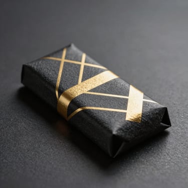 Premium chocolate bar wrapped in textured dark charcoal paper with geometric gold foil patterns, elegant studio product photography, deep shadows.