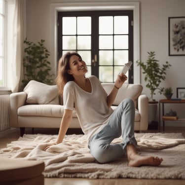 Close-up of a woman using the XPDS 24 EMS device on her shoulder, with a relaxed expression.