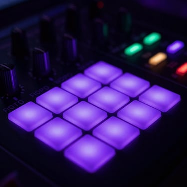 Macro crop of a modern music production controller with backlit silicone pads glowing in electric violet