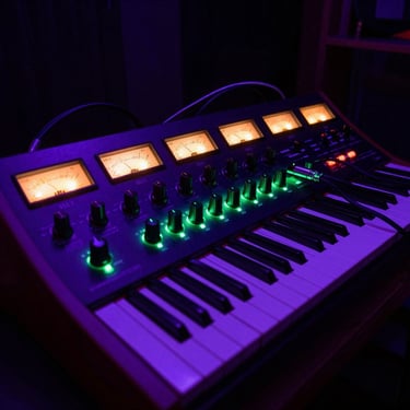 Analog synthesizer patch cables and glowing LED meters in a dark studio.