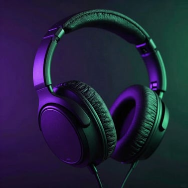 Close-up of premium over-ear DJ headphones, textured matte black headband, neon violet backlight