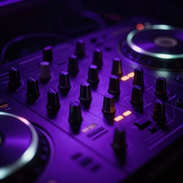 Close-up of glowing DJ mixer knobs, electric violet backlighting, deep shadows.