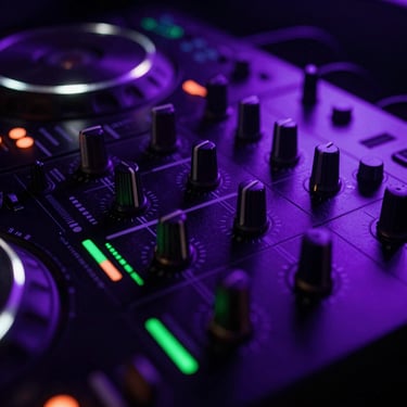 Macro shot of a professional DJ mixer with glowing neon green level meters and robust knobs, dark club background