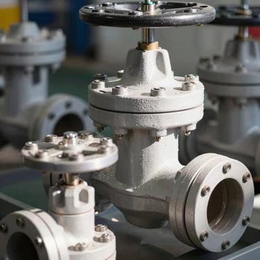 Close-up of industrial flow control valves, sharp shadows and stark white highlights.