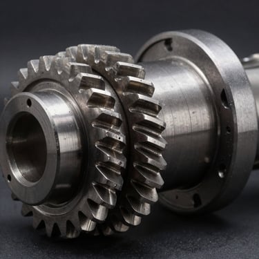 Macro shot of machined steel transmission gears, high-contrast industrial studio lighting with sharp shadows.