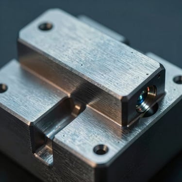 Macro detail of CNC milled titanium components, cool-toned digital screen glow reflecting off the metal.
