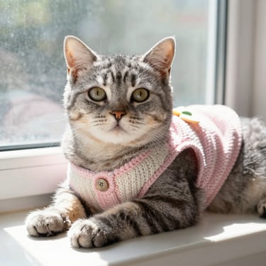 gato con sueter rosa en la ventana
