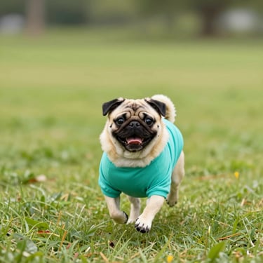 pug con sueter turquesa en la predera