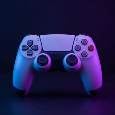 Sleek PlayStation controller illuminated by neon ambient blue and purple light, dark moody background, cinematic 35mm