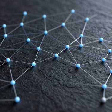 Abstract digital visualization of structured nodes and network patterns, cool blue light accents on a dark slate background, sharp focus.