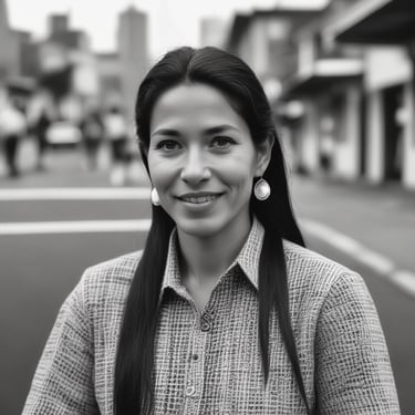 Portrait of a confident professional woman smiling in an office setting.